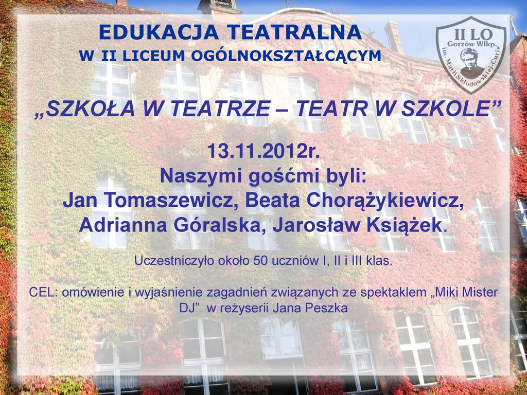 EDUKACJA TEATRALNA W II LICEUM OGÓLNOKSZTAŁCĄCYM ppt pobierz